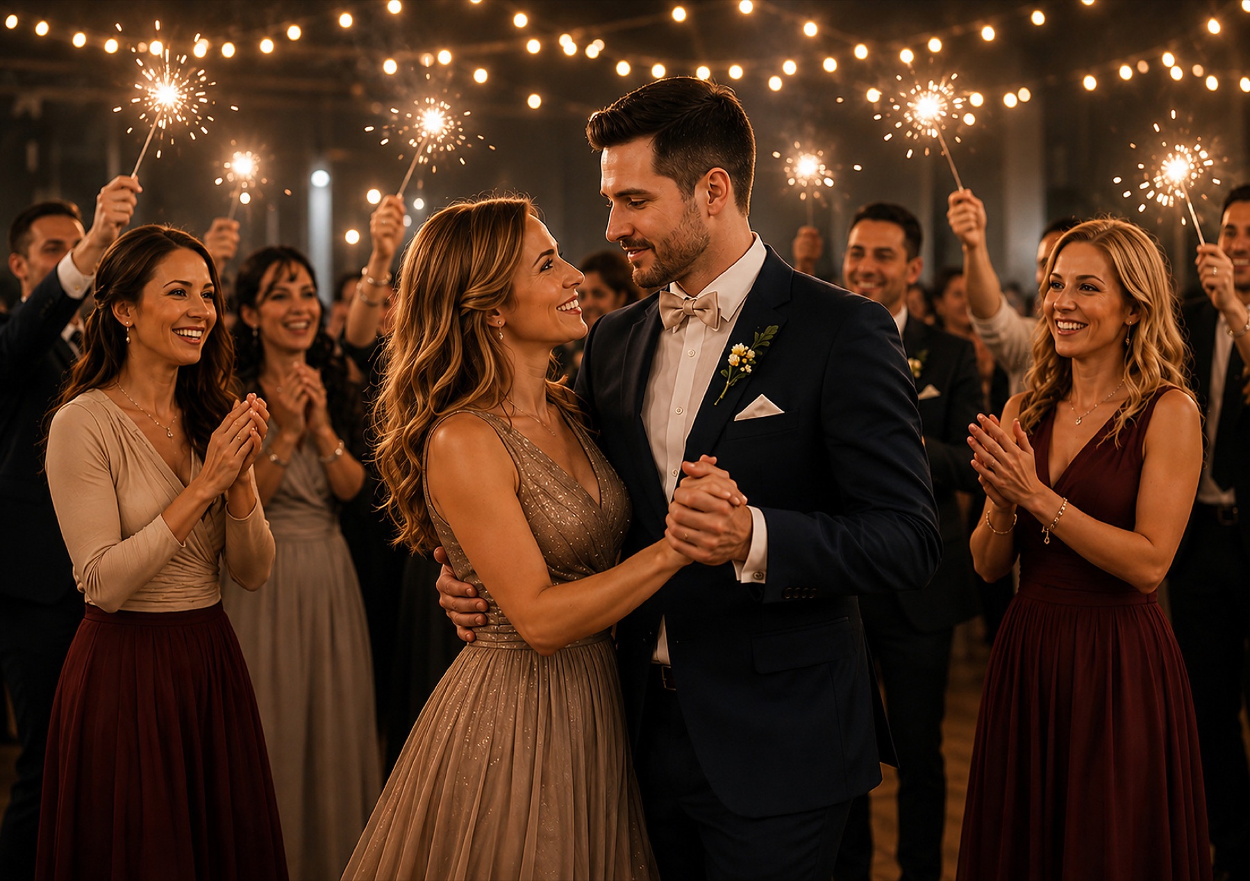Hochzeitspaar tanzt mit Freundinnen und Freunden